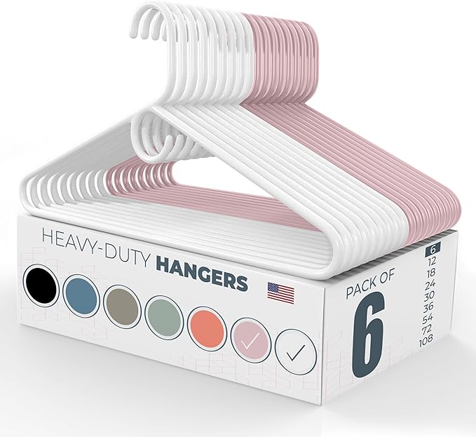 Neaties Heavy Duty Clothes Hangers 6 Pack – Made in the USA – 8lb Capacity Plastic Hangers for Adult Clothing – Durable for Pants, Coats, Jackets, or Jeans – White & Pink
