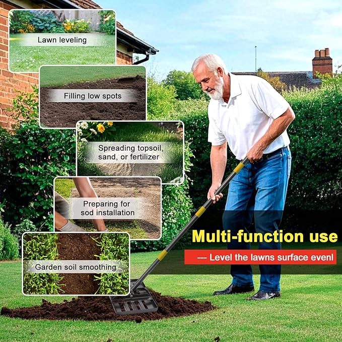Lawn Leveling Rake - Heavy Duty 17"x10" Stainless Steel Leveler Plate,Reinforced Welds,28-60" Adjustable, Anti Flipping Smooth Edge,for Soil, Dirt,Ground,Backyard Top Dressing,Landscaping