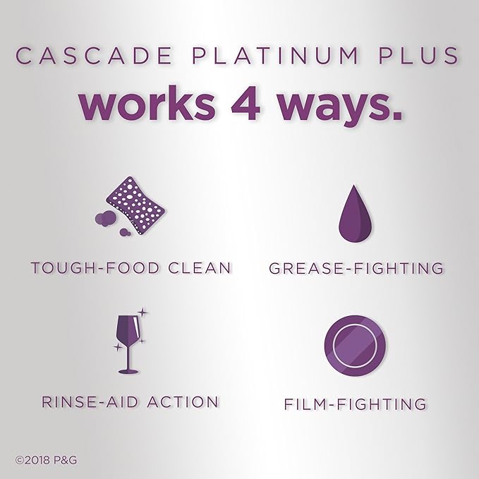 Cascade Platinum Dishwasher Pods, ActionPacs Dishwasher Detergent with Dishwasher Cleaner Action, Lemon Platinum Plus, 70 Count