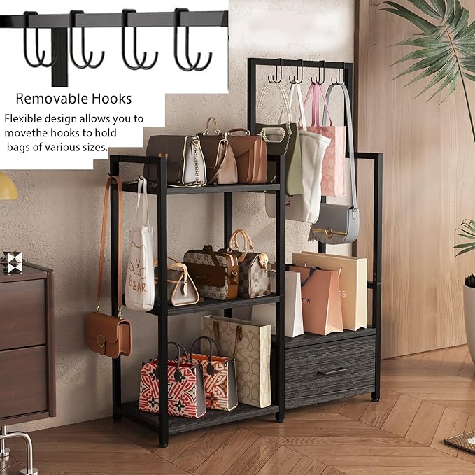 Industrial 4-Tier Storage Shelf with Drawer & Hanging Hooks - Metal & Wood Entryway Organizer Rack for Bedroom, Living Room - Freestanding Clothing Coat Rack with Multi-Level Shelves (Black)