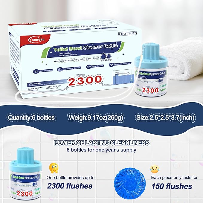Toilet Bowl Cleaner, Automatic Long-Lasting Blue Toilet Cleaner Bottle, Septic Safe Toilet Bowl Tablets in Bottles, Fresh Bathroom & Deodorize, 6 Pack, 2300 Flushes Each