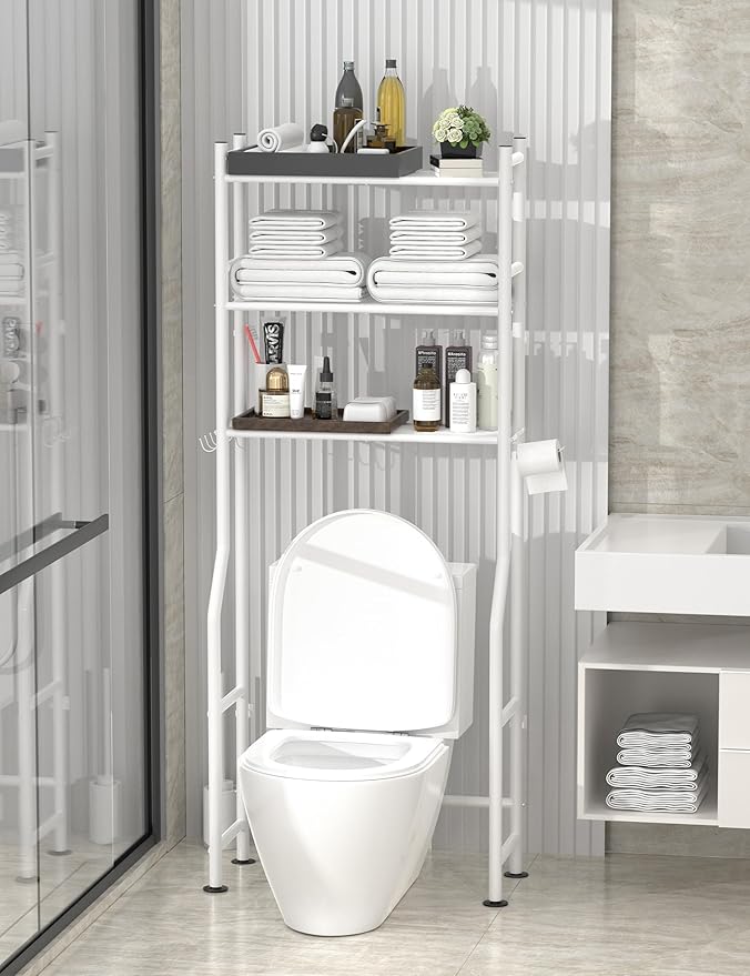 Livilord 3-Tier Over The Toilet Storage, Freestanding Metal Bathroom Shelves with 4 Hooks, Over Toilet Storage Shelf with Paper Holder, Above The Toilet Shelf for Bathroom Storage, White