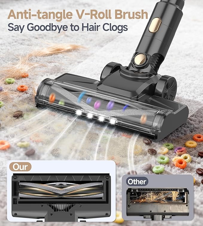 Hivroo N17 Cordless Vacuum Cleaner, Upgraded Lightweight Stick Vacuum for Home, 45mins Runtime, Powerful Suction, Self-Standing, Anti-tangle, Rechargeable Vacuum for Hard Floor Carpets Pet Hair (Gold)