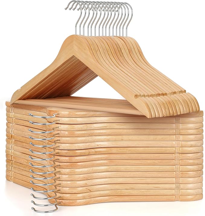 TOPIA HANGER Wooden Hangers 30 Pack, Natural Wood Clothes Hangers, Durable Coat Hanger with 360-Degree Rotatable Hook, Non-Slip Pants Bar and Shoulder Notches for Camisole Tops-CT34N30