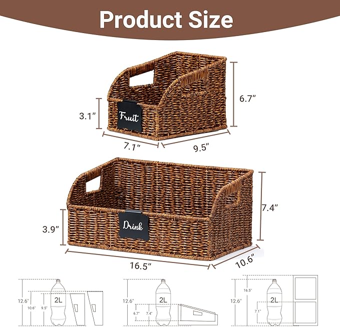 Pantry Organizers and Storage Baskets for Organizing with Handles, Large Woven Storage Baskets for Shelves, Kitchen, Laundry, Waterproof Storage Bins for Fruit, Bread, Vegetable, 3Pack, Brown