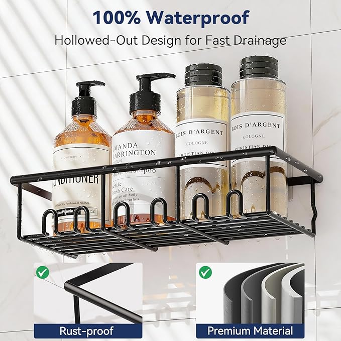 8 Pack Adhesive Rustproof Shower Caddy with Soap Dishes, Toothbrush Holder & Hooks, Large Capacity No-Drilling Shower Shelves Rack for Bathroom Organizers and Storage Accessories, Black