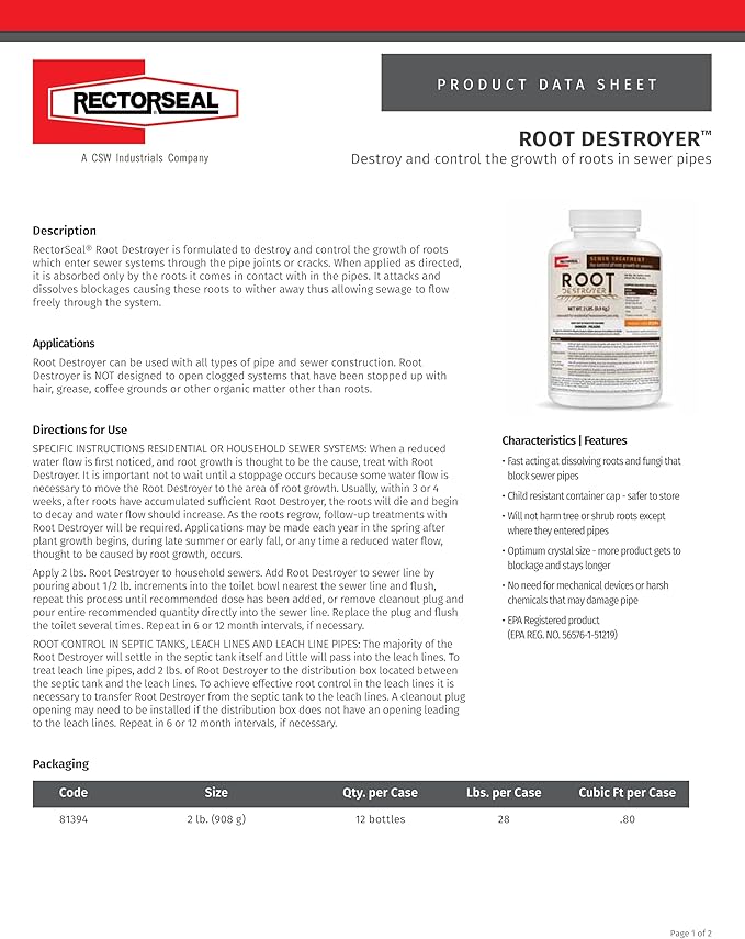 RectorSeal Root Destroyer 81394 Sewer Treatment, Easy Application, Fast Acting, 2 lb