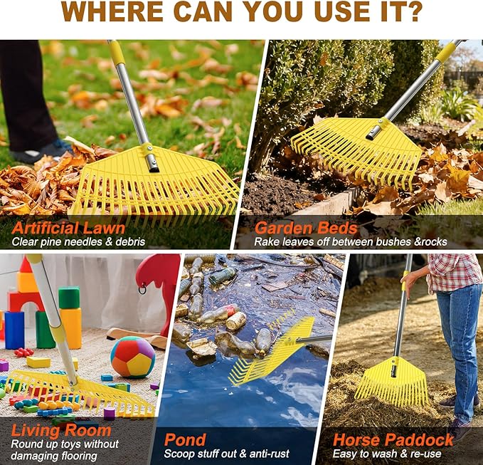 Garden Rake for Leaves - Extra Wide 17" Leaf Rake,Lightweight Long Handle for Women Seniors Kids Effortless Clean-Up,23 Non-Clog Flexible Tines for Lawn-Friendly,80” Adjustable Plastic Rakes for Yard