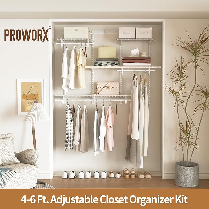 PROWORX 4-6 Ft Closet Organizer System, Adjustable Metal Wire White Closet System, Expandable Walk in Closet Organizers and Storage System, Closet Shelves with Hanging Rods