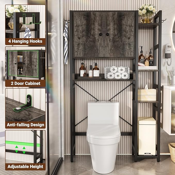 Over The Toilet Storage Cabinet with Doors - 7 Tier Bathroom Organizer with Adjustable Shelf, Freestanding Space Saver Rack Above Toilet Stand with 4 Hooks for Bathroom, Restroom, Laundry, Grey Oak