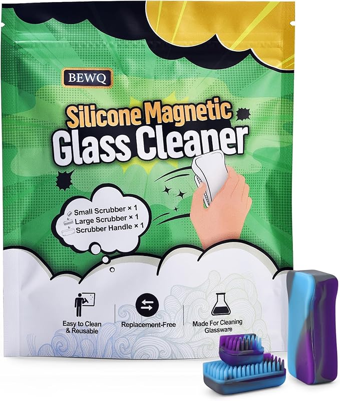 Magnetic Glass Cleaner Kit - Reusable Pipe Cleaning Tool Deep Cleans Hard-to-Reach Stains Two Silicone Brush with Handle Design Versatile for Glassware, Ceramic Surfaces, Purple