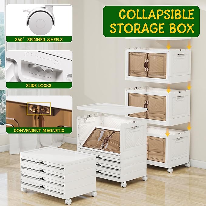 Storage Bins with Lids and Wheels, 180QT-45QT*4Tier Collapsible Bathroom Storage Cabinet with Clear Doors, Plastic Stackable Closet Organizers and Containers White