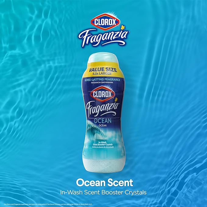 Clorox Fraganzia Laundry Scent Booster Crystals, In-Wash Fragrance Beads for Fresh-Smelling Clothes & Linens, Safe for All Fabrics & Colors, Easy-Pour Bottle, Ocean Scent, 70 Oz