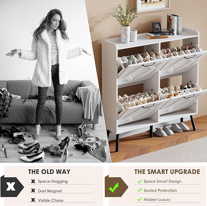 Nicetree Shoe Cabinet with 4 Flip Drawers, Freestanding Shoe Organizer Cabinet with Metal Legs, Farmhouse Slim Shoe Rack Cabinet for Entryway, Foyer, Hallway, White