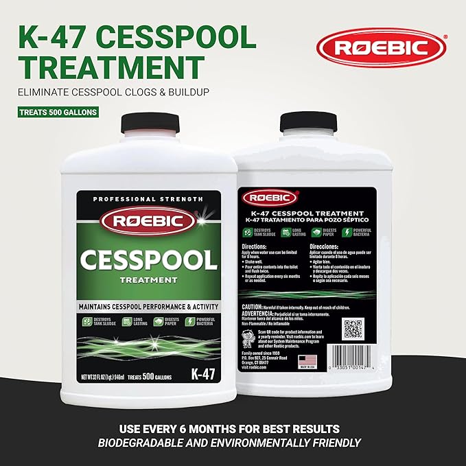 Roebic K-47-Q Cesspool Treatment: Prevents Clogging, Buildup, Exclusive Bacteria Digests Paper, Destroys Sludge - 32 Ounces, White/Green