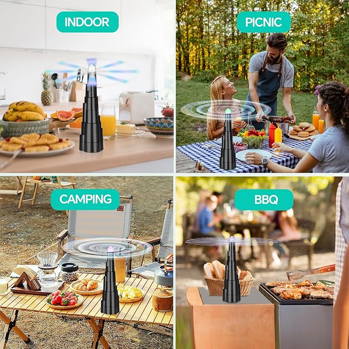 Fly Fans for Tables, Rechargeable Fly Fan Table Top Fan with LED Light, Fly Spinner with Soft Holographic Blades for Picnic, Restaurant, Party, Home, and BBQ (4 Pack)
