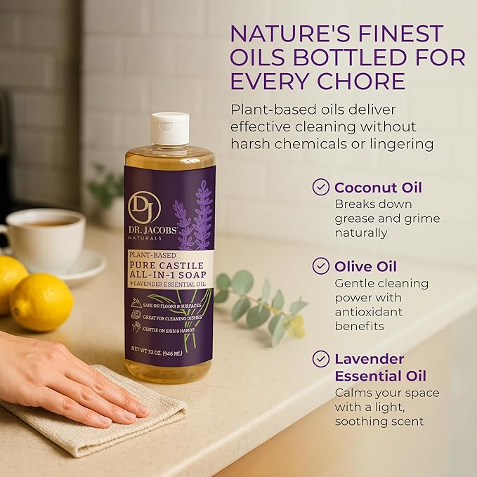 Dr. Jacobs Naturals Lavender Castile All-in-One Cleaner and Soap - Plant-Based Formula for House Cleaning Floors and Appliances - Gentle on Skin and the Planet - 32 oz, 2 Pack