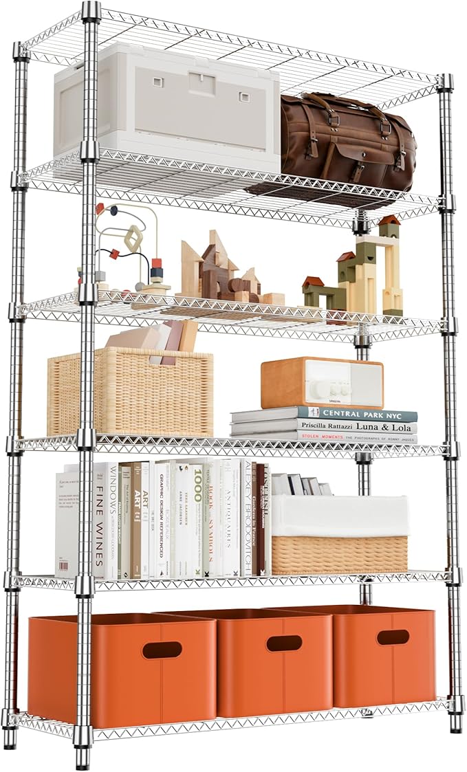 M MZG 2100LBS 47.2" W 6 Tiers Shelf Storage Shelves Metal Shelving Unit Heavy Duty Garage Shelving Adjustable Wire Shelves for Pantry,Kitchen,Garage,Basement,Chrome 17.7" D x 47.2" W x 82.4" H