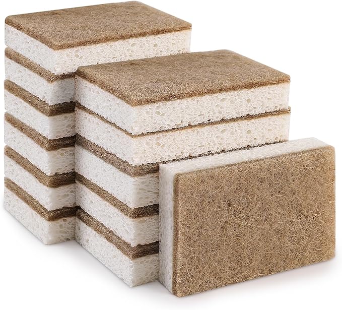 Natural Sponges for Dishes 12 Pack - Keep Soap Biodegradable Kitchen Sponge Compostable Coconut Scrubber - Eco Friendly Cleaning Sponges
