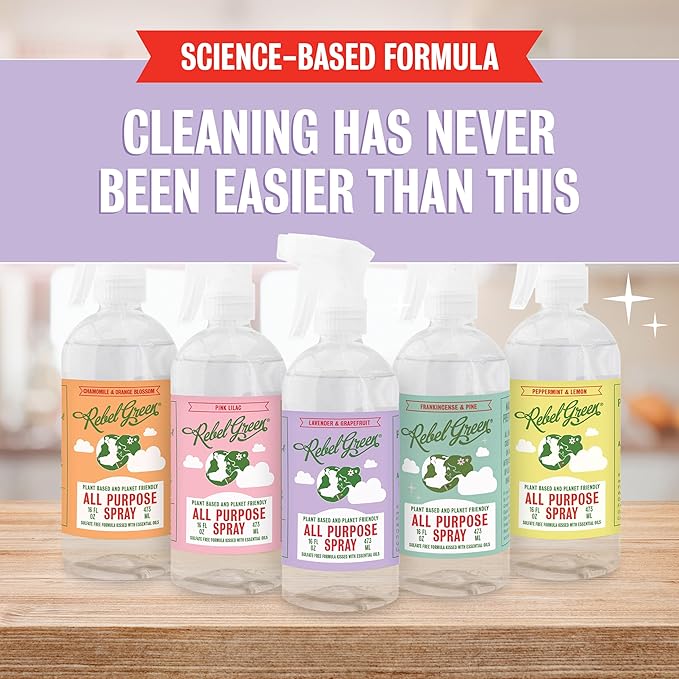 Rebel Green Natural All-Purpose Cleaning Spray - Plant-Derived Multi-Surface Cleaner with Essential Oils for Kitchen, Bath, Countertops and More - Lavender & Grapefruit Scent - 16 oz - 2 Pack