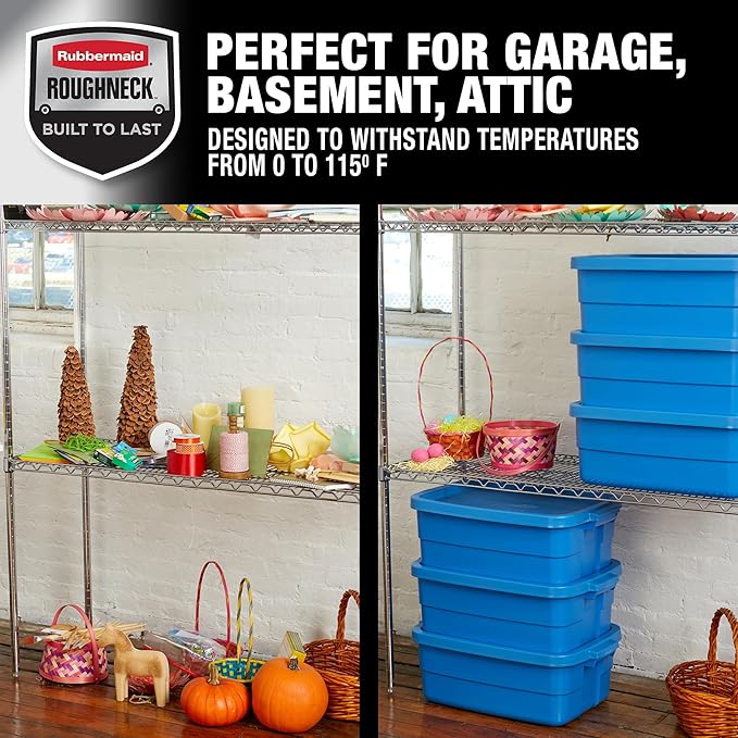 Rubbermaid Roughneck Tote 10 Gal, 6 Pack, Made in USA, Heritage Blue, Rugged Plastic Stackable Storage Bins with Lids and Handles