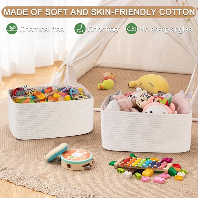Large Storage Basket for Organizing, Woven Rope Basket for Shelves, Closet Organizer Bins for Clothes, Blanket, Toys, Baby Nursery Storage, 17.7" x 13" x 7.87", 2 Packs White