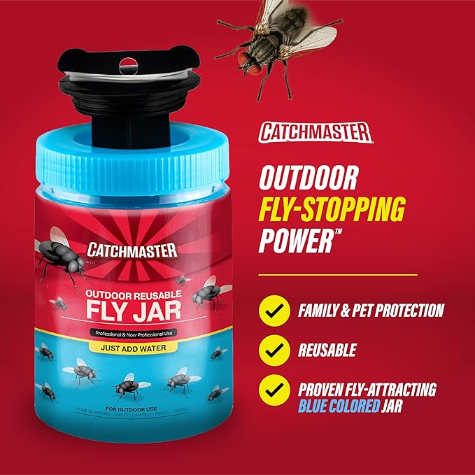 Catchmaster Outdoor Reusable Fly Traps Outdoor with Food-Based Lure Included – 3 Pesticide-Free Hanging Fly Jars – Bug Catchers for Yard, Patio & Trash – Sets Up in Seconds