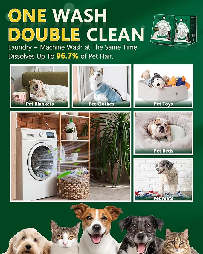 SEMECH by Seedshub Pet Hair Dissolver for Washing Machine-2 Sachets, 96.7% Hair Dissolution, Dog & Cat Hair Remover, Removes Odors & Residue, HE Compatible for Front & Top Load Washers, Septic Safe