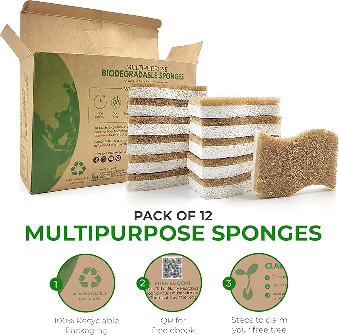 Natural Kitchen Sponges (12 Pack) - Biodegradable Cellulose & Coconut Scrubber Dish Sponges for Kitchen - Eco-Friendly, Non Scratch, Compostable, Non Toxic S-Shaped Natural Sponges for Dishes