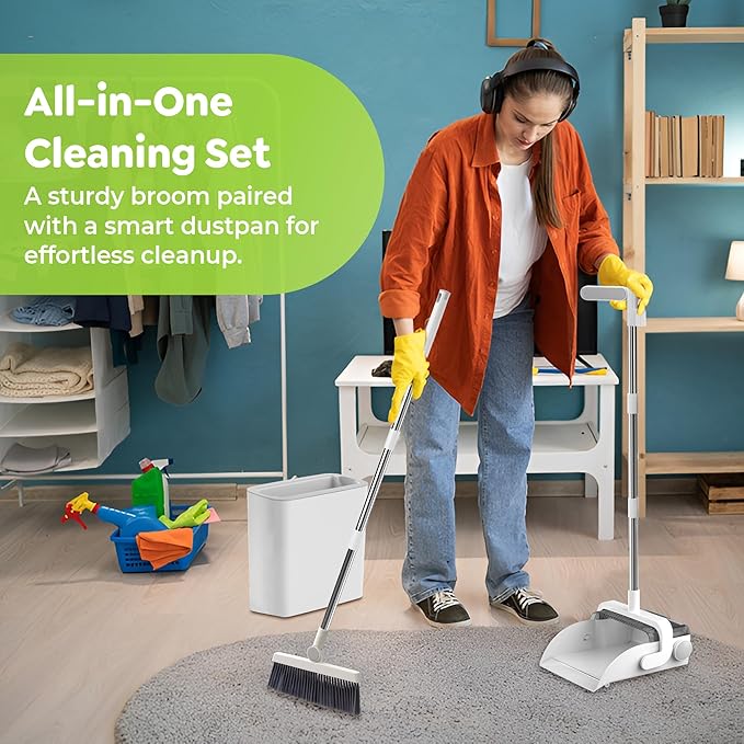 DustDockPro: Broom and Dustpan Set with Trashcan - Long Handle Upright Dust Pan with Teeth Comb, Angled Bristles for Pet Hair Removal, Compact Cleaning Kit for Kitchen Home Tiles Hard Floors