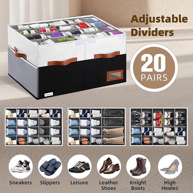 Supowin Shoe Organizer for Closet, Foldable Shoe Storage Bins with Lid & Adjustable Dividers, Fabric Shoe Box Storage Containers with Four Reinforced Handles, Fits 20 Pairs, 1 Pack, Black & White