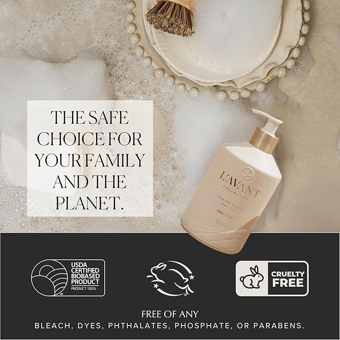 L’AVANT Collective High Performing Dish Soap | Plant-Based, Naturally Derived Formula, Ambre Santal Scent | 16 Fl oz Refillable Bottle | Luxury Kitchen Cleaning w/Elegant Countertop Design