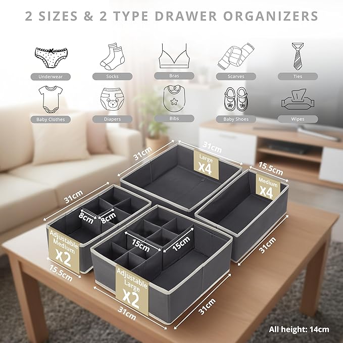 DECOMOMO Drawer Organizer for Baby – Clothes Organizer & Storage Dividers for Nursery, Storage Bins for Underwear, Bra, Socks, Diapers & Newborn Essentials (Grey, 12pcs)