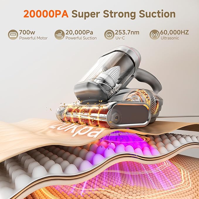 uwant Mattress Vacuum Cleaner 700W 20Kpa, Triple Deep Cleaning Bed Vacuum Cleaner, Bed Cleaner with Aromatherapy Purification, Triple Heating System HEPA Filter&Ultrasonic Mattress Vacuum for Sofa