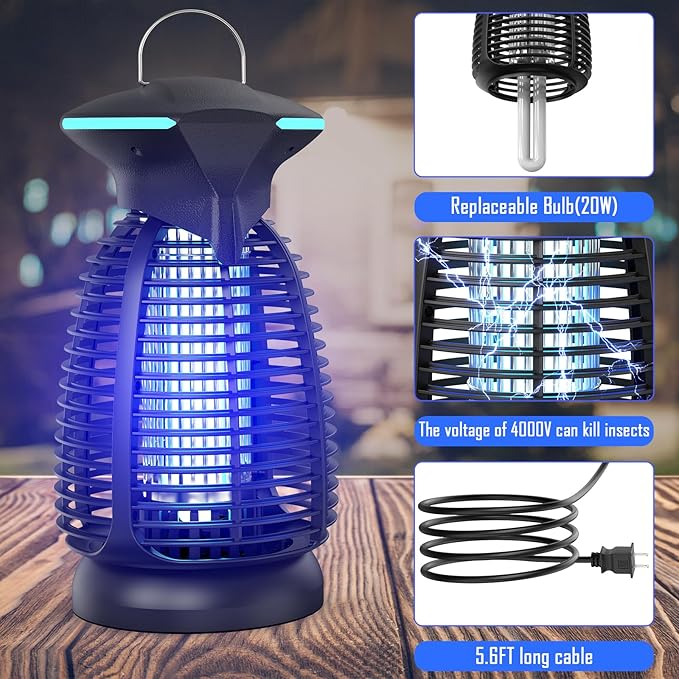 Bug Zapper Outdoor for Mosquito Flies - Electric 4000V Powerful Bug Zappers Indoor Waterproof Insect Killer Trap Lamp with LED Light for Patio Backyard Porch Garage & Home