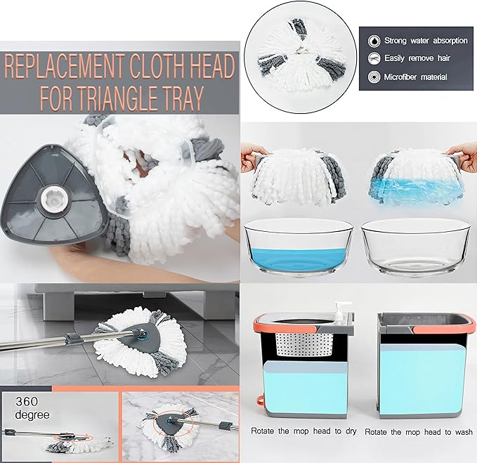 Spin Mop and Detachable Bucket Set with 5 Reusable Microfiber mop Head Dual-Chamber Water System Spining Mop Floor Cleaning Kit for Hardwood Tile Laminate Floors (Gray)