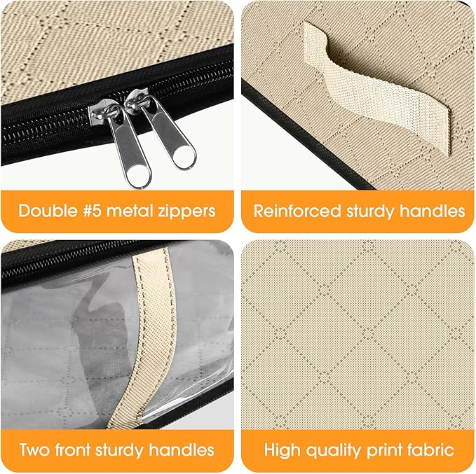StorageRight Under Bed Storage Bags 4 Pack, 40L Large Clothes & Comforter Storage Containers with Clear Window, Breathable Fabric Organizer for Blankets, Bedding, Seasonal Clothing, Beige