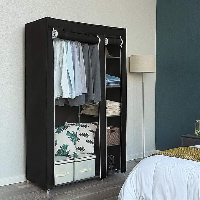 Portable Closet Wardrobe,67'' Closet Storage Organizer Rack with Shelves and Cover for Hanging Clothes, Non-Woven Fabric, Quick and Easy to Assembly (Black)