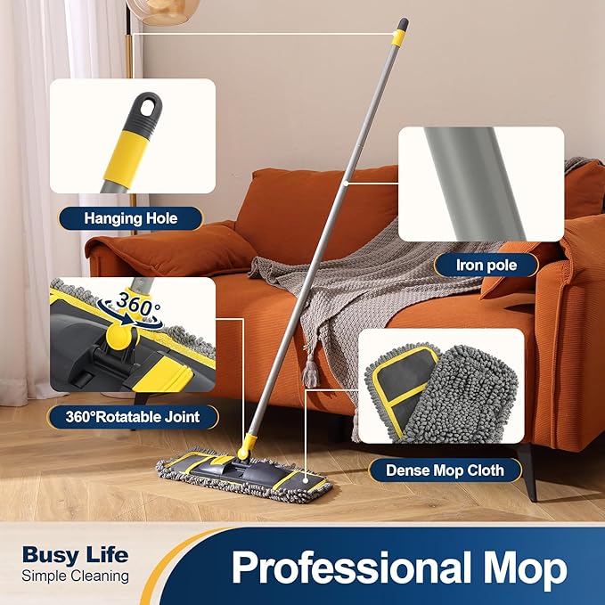 Yocada Dust Mop for Floor Cleaning with 2 Different Mop Pads (in Total) Wet & Dry for Hardwood Ceramic Marble Tile Laminate Home Kitchen 51in Long