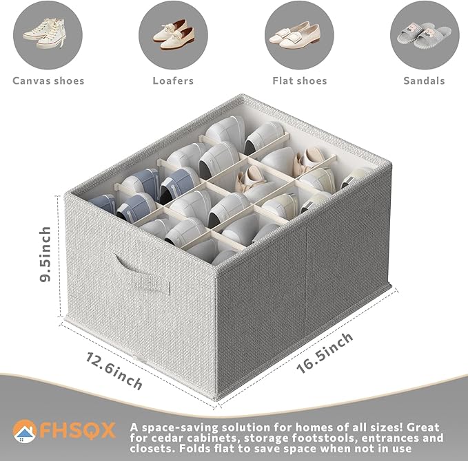 FHSQX 4 Pack Shoe Organizer for Closet,Foldable Shoe Organizer,Fits up to 48 Pairs,Storage Containers With Bottom Support for Shoes (Light Grey, (16.5 * 12.6 * 9.5) x4)