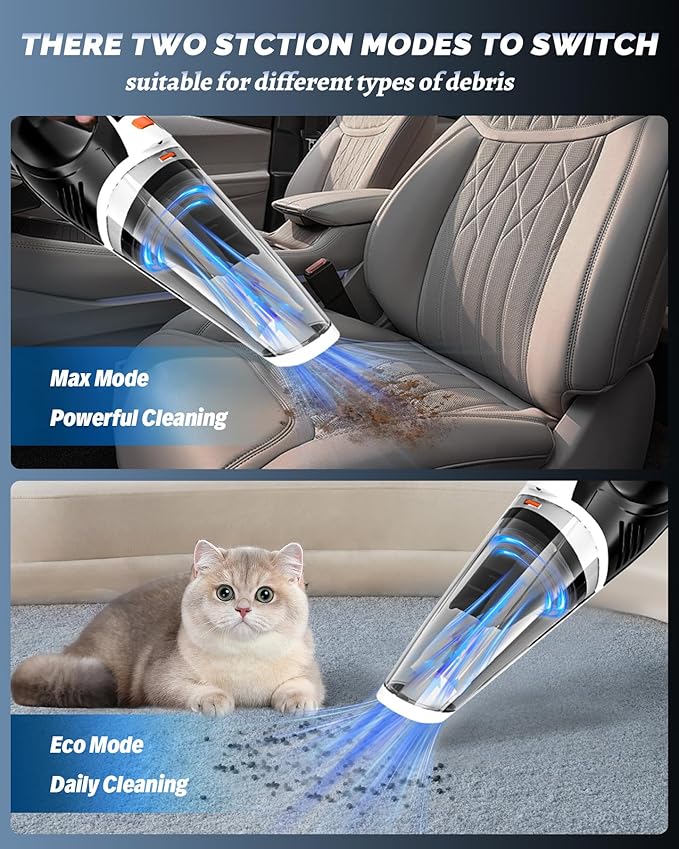 Handheld Vacuum Cordless, Car Vacuum Cleaner with Powerful Suction, 2 Modes Mini Hand Vacuum, Dry & Wet, LED Light, Portable Vacuum for Car Pet Hair, Home, Office, Keyboards Black Orange