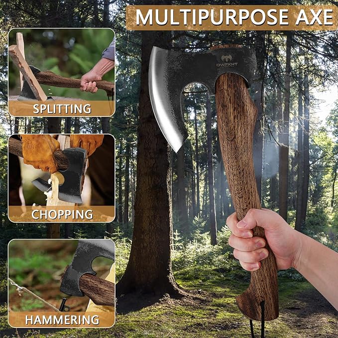 Hatchet, 15.7" Camping Axe with Leather Sheath, Bushcraft Axe with 1065 Carbon Steel & Beech Handle, Survival Hatchet for Wood Splitting and Chopping - Perfect for Gardening and Outdoor