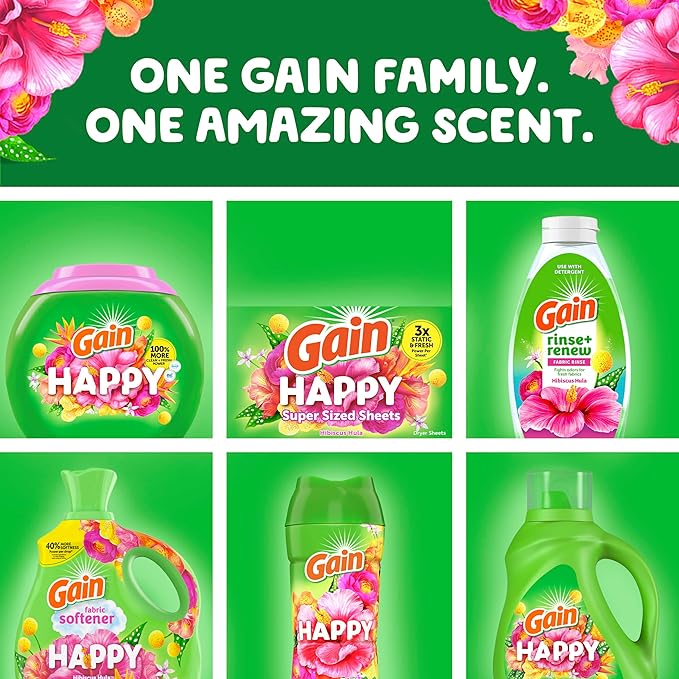 Gain Super Sized Dryer Sheets, Laundry Fabric Softener, Happy, 130 Count