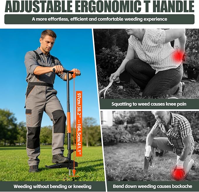 Weed Puller, 4-Claw Stand Up Weed Puller Tool with Long Handle & Steel Head, 41" Adjustable T-Handle Weeder Tool, Easily Remove Weeds Root Without Bending, Pulling, or Kneeling
