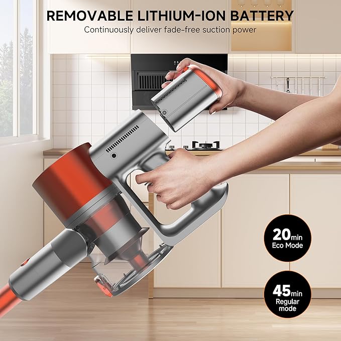 Cordless Stick Vacuum Cleaner - Lightweight Handheld Vacuum with Self Standing, Removable Battery with 45min Running Time, Anti-tangle Wireless Vacuum for Home Pet Hair/Hardwood Floor/Carpet OB