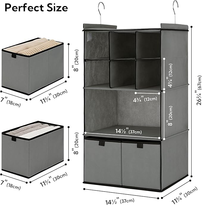 GRANNY SAYS Hanging Closet Organizer with Drawers, 4 Shelf Dividers Closet Hanging Organizer, Foldable Hanging Shelves for Wardrobe Closet, Small Closet Organizers for Clothes Shoes, Grey