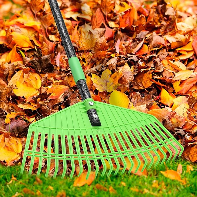 Garden Leaf Rake, 44" Long Handle Prevents Bending, 16.5" Flexible Head, Lightweight & Gentle on Grass, Ideal for Leaf Collection Around Bushes, Flowers and Lawns