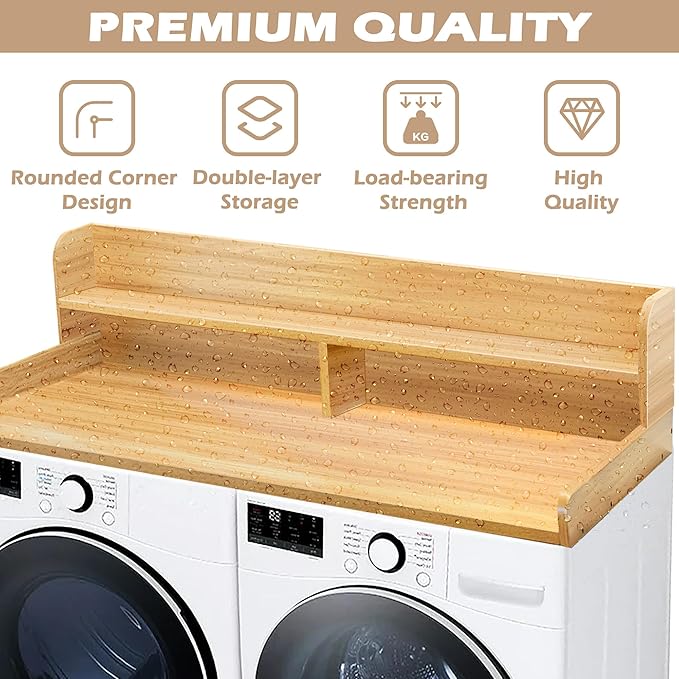 Royxen Laundry Countertop with 2-Tier Shelf Universal Fit, Washer and Dryer Countertop with Storage Space, Shelf Height 11.5 Inches, Solid Wood Core, Oak