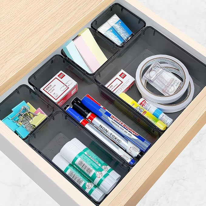 StorMiracle 23 PCS Drawer Organizer Set, 5 Varied Size Bathroom and kitchen Drawer cabinet organizer Trays, Clear Storage Bins for Makeup, Jewelry, Utensils and Gadgets, Black