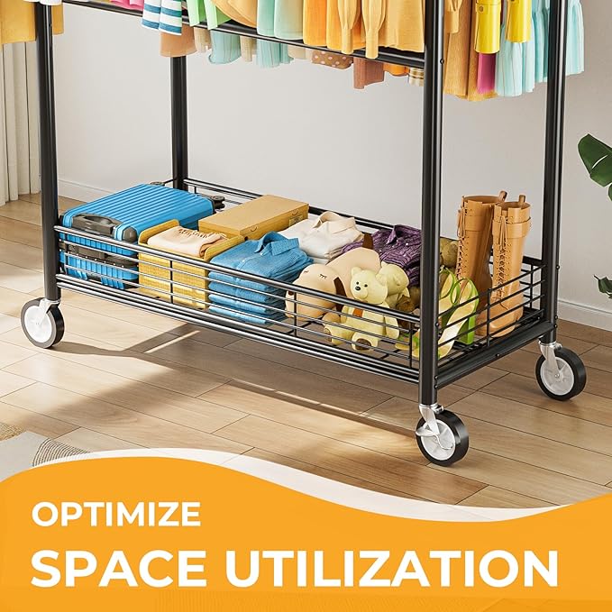 Heavy Duty Clothes Rack Load 960LBS, Three Rods Rolling Clothing Racks for Hanging Clothes, Rolling Garment Rack With Sturdy Wheels Shelves Hooks, Portable & Adjustable Commercial Garment Rack, Black